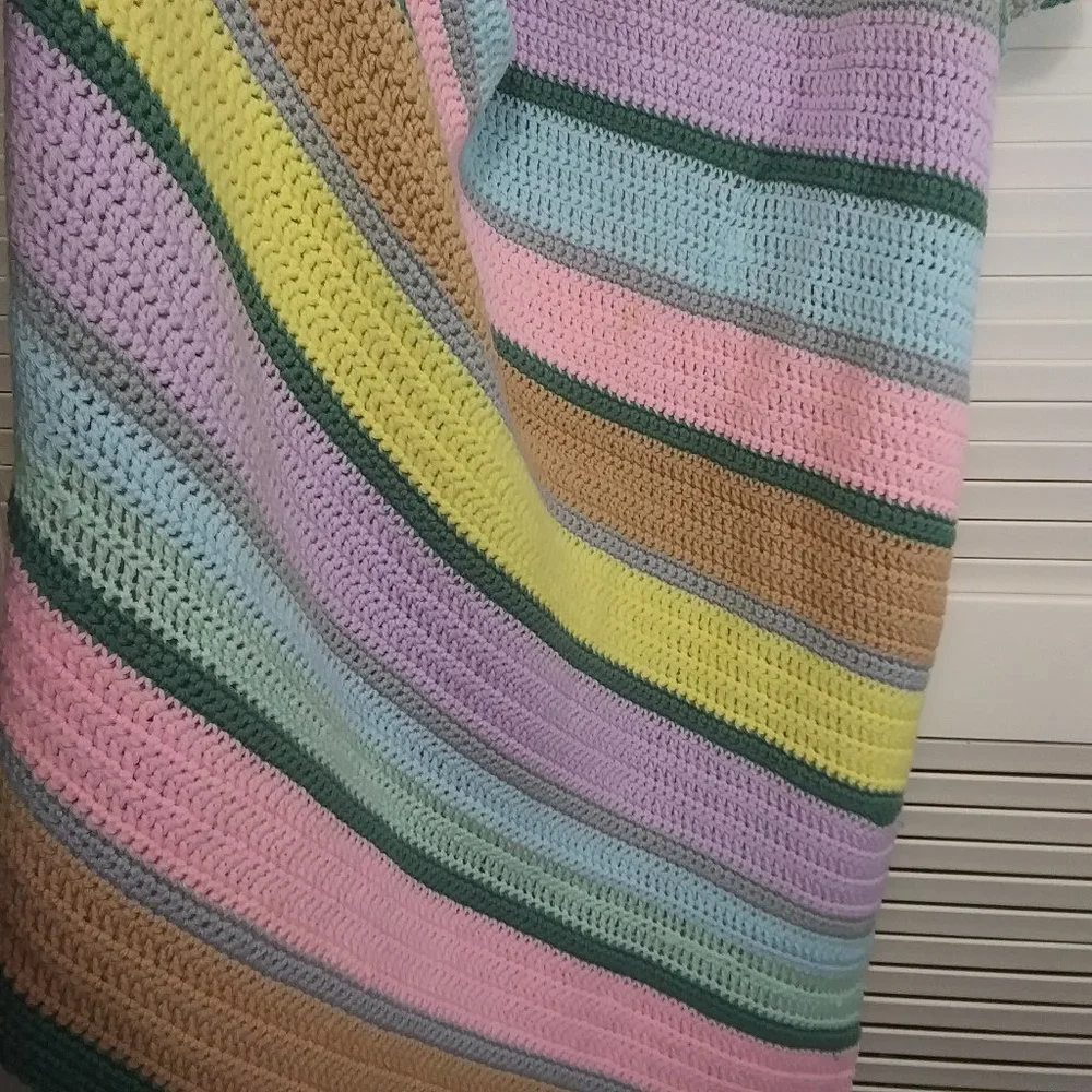 Colorful‎ Handcrafted Crochet Pastel Stripe Afghan
